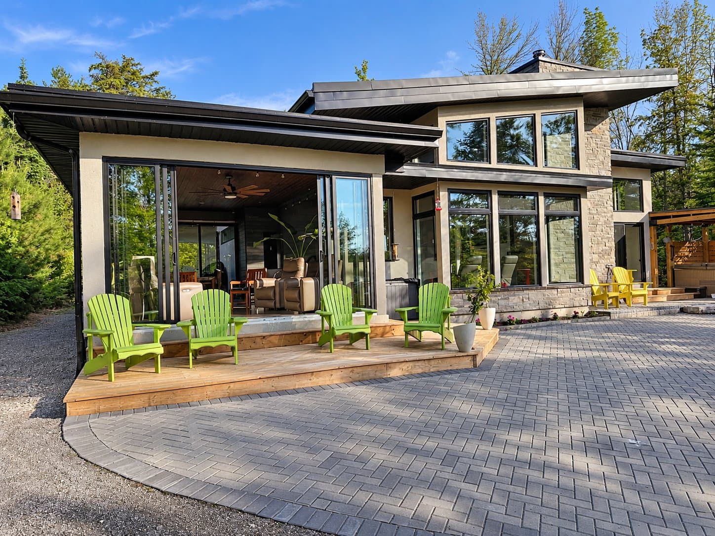 Modern charcoal entry door and brick facade — a recent Lake Ontario Contracting install